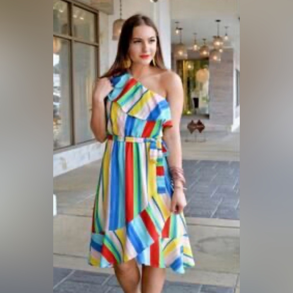 🌈 Peach Love‎ California One-Shoulder Rainbow Stripe Midi Dress M 🌈
